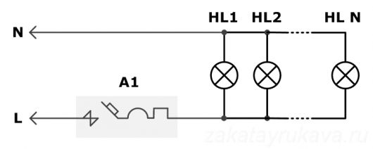 Электрическая схема типовой люстры с лампами накаливания с автоматическим выключателем..
