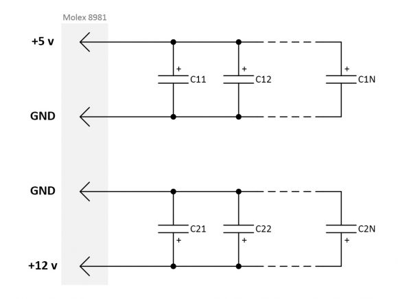 Схема соединения конденсаторов в параллель.