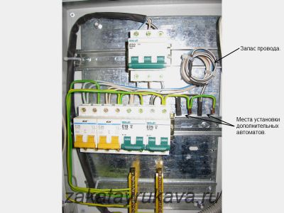 Распределительный шкаф. Автоматы соединены с помощью неразрывных перемычек, предусмотрен запас провода.